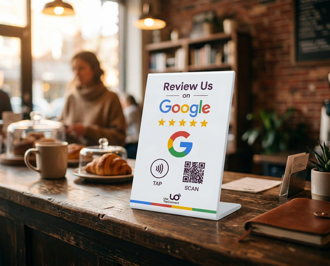 White PVC TapConnect Google review stand with NFC tap and QR scan